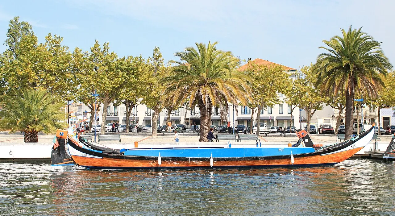 Barco moliceiro tradicional num canal de Aveiro, ladeado por palmeiras