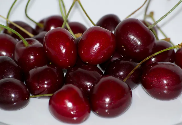 Ripe, glossy cherries with stems, on a plate
