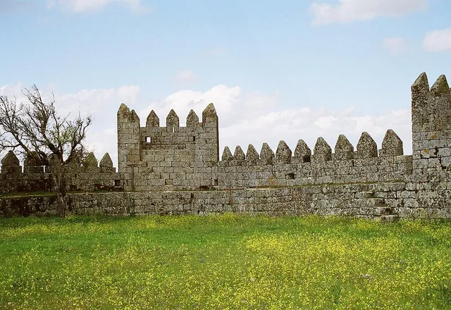 Medieval walls of Trancoso in a field of yellow wildflowers